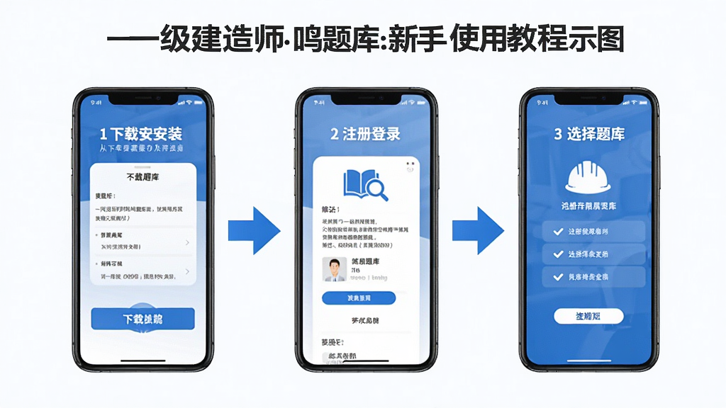 一级建造师鸣题库新手使用教程示意图,手机屏幕展示从下载安装到注册登录再到选择题库的完整流程,步骤清晰标注,简洁明了的教程风格,蓝色箭头引导,高清画质