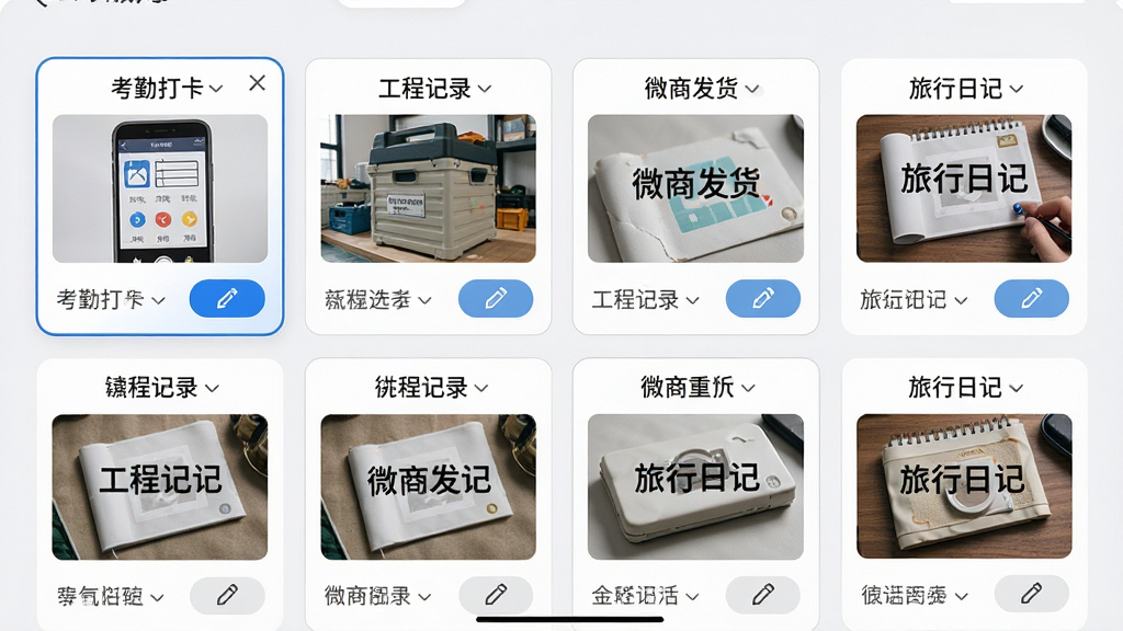 水印照片相机模板选择界面,屏幕上排列着多个水印样式卡片,包括“考勤打卡”“工程记录”“微商发货”“旅行日记”等标签,每张卡片展示示例照片与水印效果,布局为网格状,风格清新明亮,细节包含选中状态与编辑按钮,画质高清,干净,无多余元素