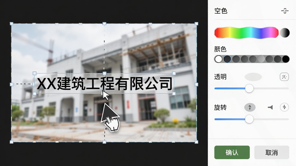 水印照片相机自定义水印编辑界面,画面中央是一张待编辑的照片,水印文字“XX建筑工程有限公司”正在被拖动调整位置,屏幕右侧显示字体颜色、透明度、旋转角度等调节滑块,布局为左图右控,风格专业简洁,细节包含确认与取消按钮,画质高清,干净,无多余元素