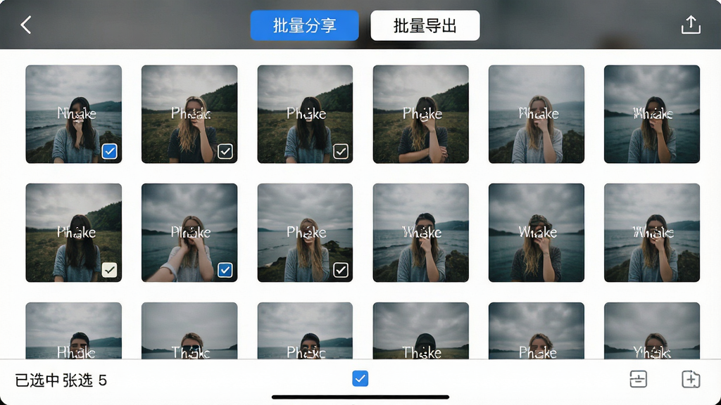 水印照片相机相册管理界面,屏幕上显示多张已添加水印的照片缩略图,顶部有“批量分享”“批量导出”按钮,底部显示已选中5张照片,布局为网格列表,风格清爽直观,细节包含勾选标记与操作提示,画质高清,干净,无多余元素