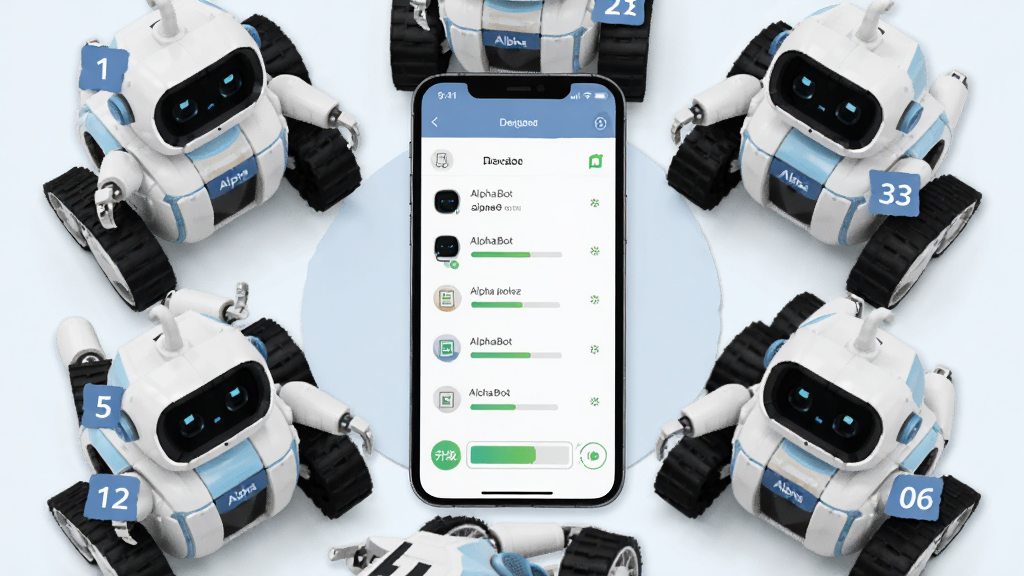 �����Ƕ�̨AlphaBot�������������ֻ��������棬����Ϊ�ֻ����ж�����˻��ƣ��Ű�Ϊ����״��ͼ�����Ϊ���ܿƼ����������廭��ϸ�ڰ���ÿ̨�����˱�ű�ǩ���ֻ���Ļ�ϵ��豸�б�������������ͼ�꣬���������ɾ��޶���Ԫ��