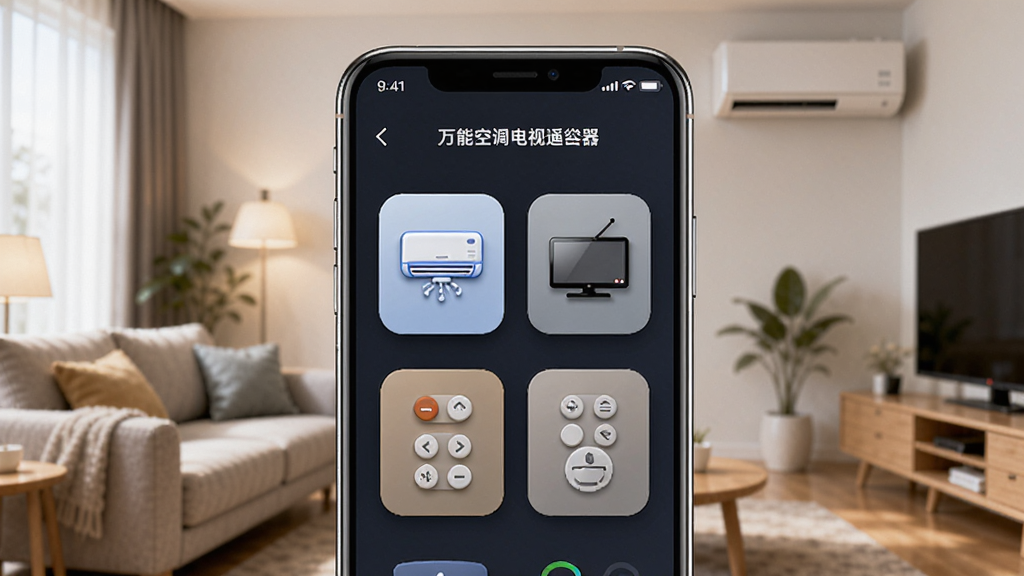 画面中央展示一部智能手机,手机屏幕显示万能空调电视遥控器全能王应用界面,界面中有空调和电视的遥控按钮图标,背景是温馨的客厅场景,有沙发和空调,布局简洁,排版居中,风格为现代科技感,细节包括手机边缘的光泽和界面按钮的立体感,画质清晰,干净,无多余元素。
