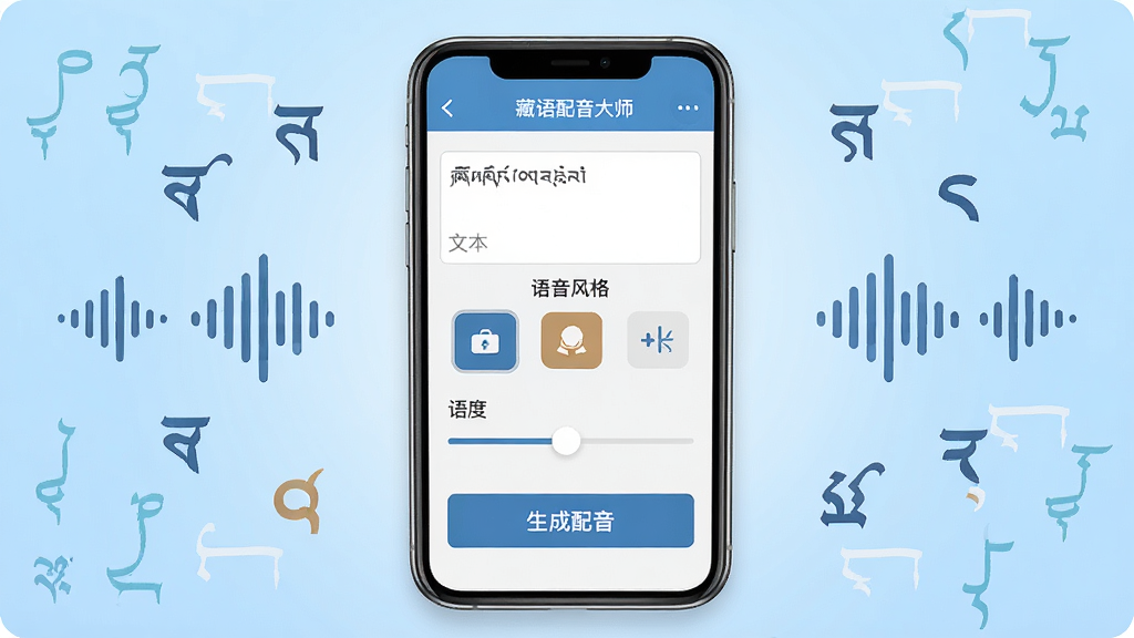 藏语配音大师软件界面全貌展示,画面中央为手机屏幕,屏幕内显示藏语配音大师主界面,包含文本输入框、语音风格选择按钮、语速调节滑块和生成配音按钮,背景为浅蓝色渐变,周围环绕藏文符号与声波图标,整体布局简洁清晰,风格为扁平化UI设计,细节精致,画质高清,干净无多余元素