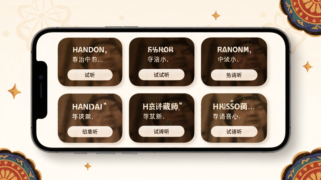 藏语配音大师多风格语音合成功能展示图,画面中一部手机横放,屏幕显示多种藏语语音风格卡片,每张卡片标注不同方言名称和试听按钮,卡片以柔和圆角排列,背景为暖白色,点缀藏式花纹元素,风格清新简约,画质清晰,干净整洁