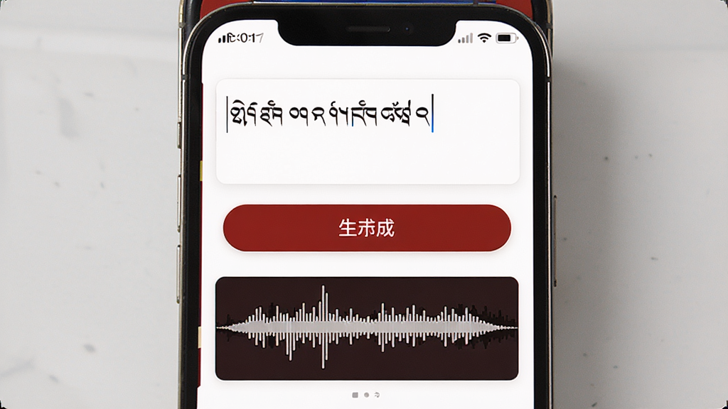 藏语配音大师文本转语音操作界面,手机屏幕显示藏文文本输入区域和生成按钮,下方出现音频波形预览,界面以白色和藏红色为主色调,布局上下结构清晰,风格现代简洁,细节精致,画质高清,无多余装饰元素