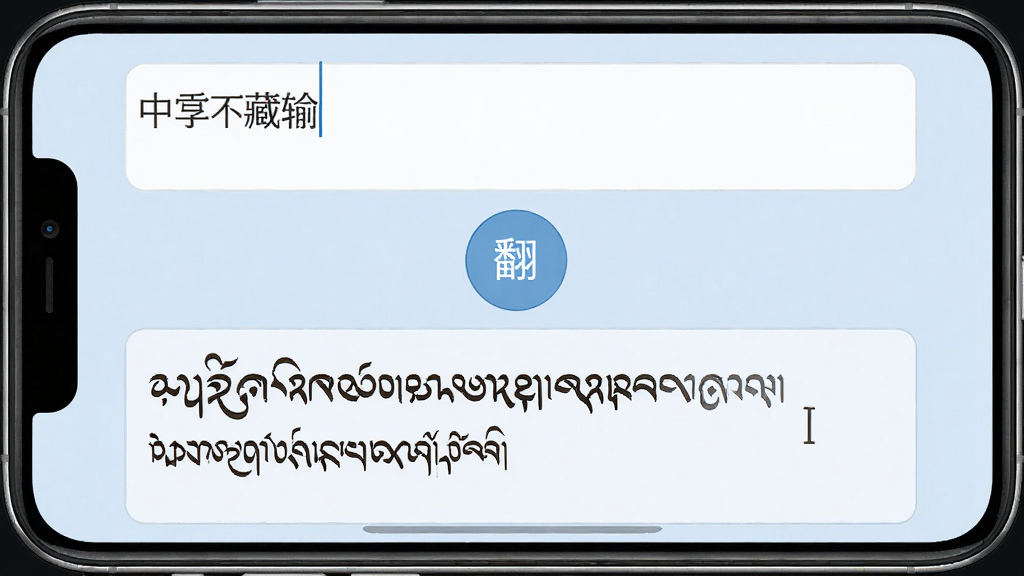 藏语配音大师翻译辅助配音界面,手机屏幕分为上下两栏,上栏为中文输入框,下栏为藏语译文显示区,中间有翻译按钮,背景为淡蓝色,界面风格清爽素雅,细节清晰,画质高清,无多余元素