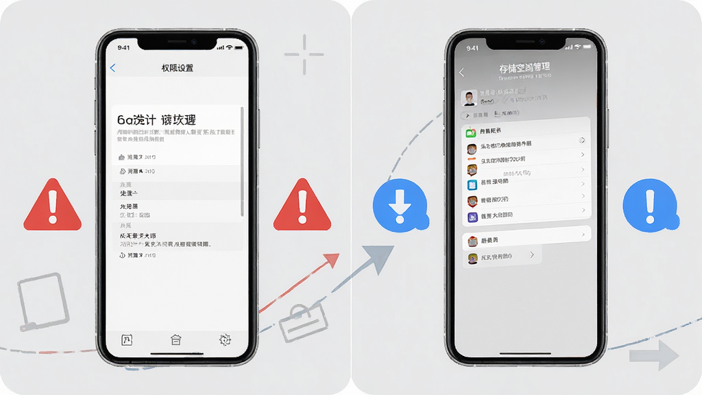 藏语配音大师新手操作避坑示意图,画面中一部手机展示权限设置页面和存储空间管理界面,旁边有红色警告图标和蓝色提示图标,背景为浅灰色,布局左右分栏,风格扁平化,细节清晰,画质高清,干净无多余元素