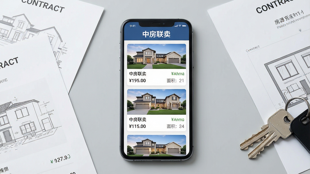 一张展示中房联卖手机应用界面的场景图,画面中央是一部竖屏智能手机,屏幕内显示中房联卖APP的房源列表页面,顶部有