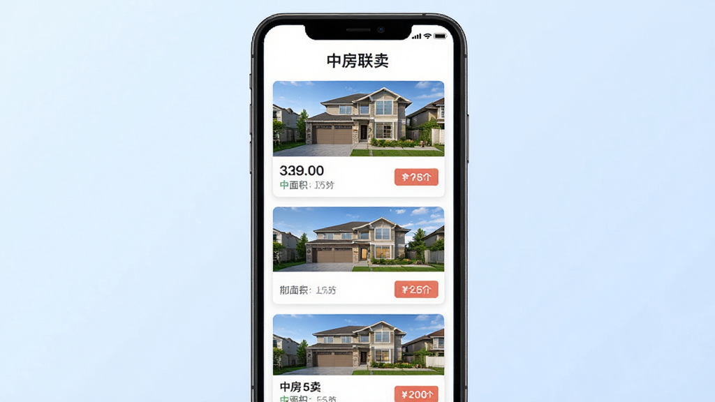 中房联卖APP房源共享功能界面展示图,画面主体为手机屏幕,屏幕中显示多张房源卡片以瀑布流形式排列,每张卡片上有房屋外观照片、面积数字和价格标签,屏幕上方有