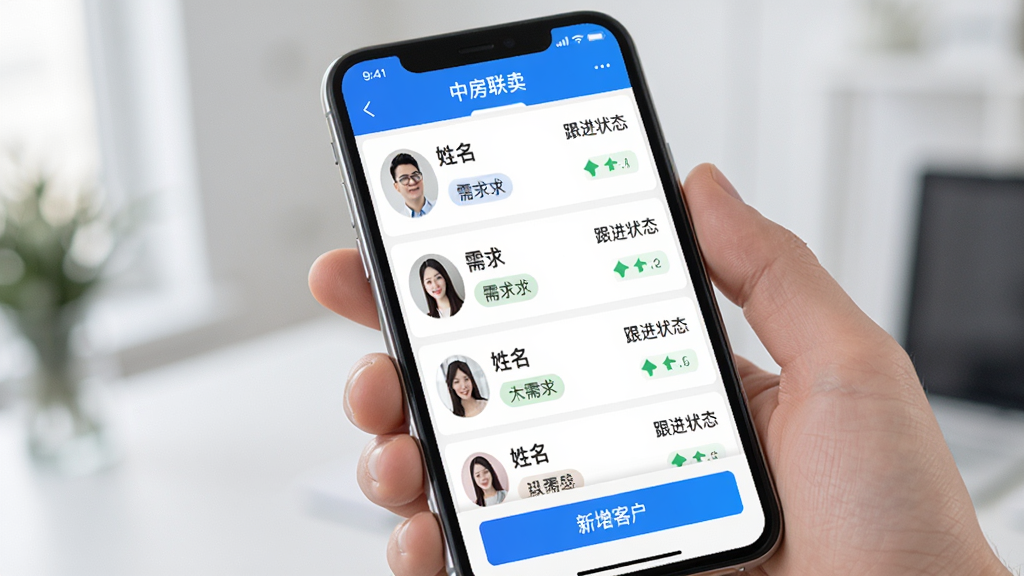 中房联卖APP客户管理界面展示图,手机屏幕中显示客户列表,每位客户带有姓名、需求标签和跟进状态,屏幕下方有