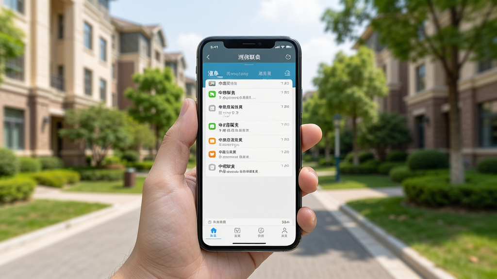 中房联卖APP移动办公场景图,画面中一只手拿着手机,手机屏幕显示中房联卖的消息通知页面,背景为户外小区环境,远处有楼房和绿树,风格写实自然,细节清晰,画质干净,无多余元素