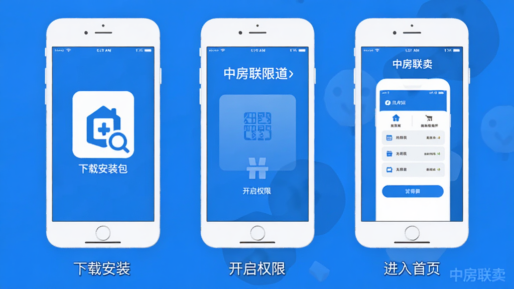 中房联卖APP安装使用步骤示意图,画面分为三个并列的手机屏幕,从左到右分别展示下载安装包、开启权限、进入首页的过程,每个屏幕下方有简短文字标注,整体风格扁平化,配色以蓝白为主,细节清晰,画质干净,无多余元素
