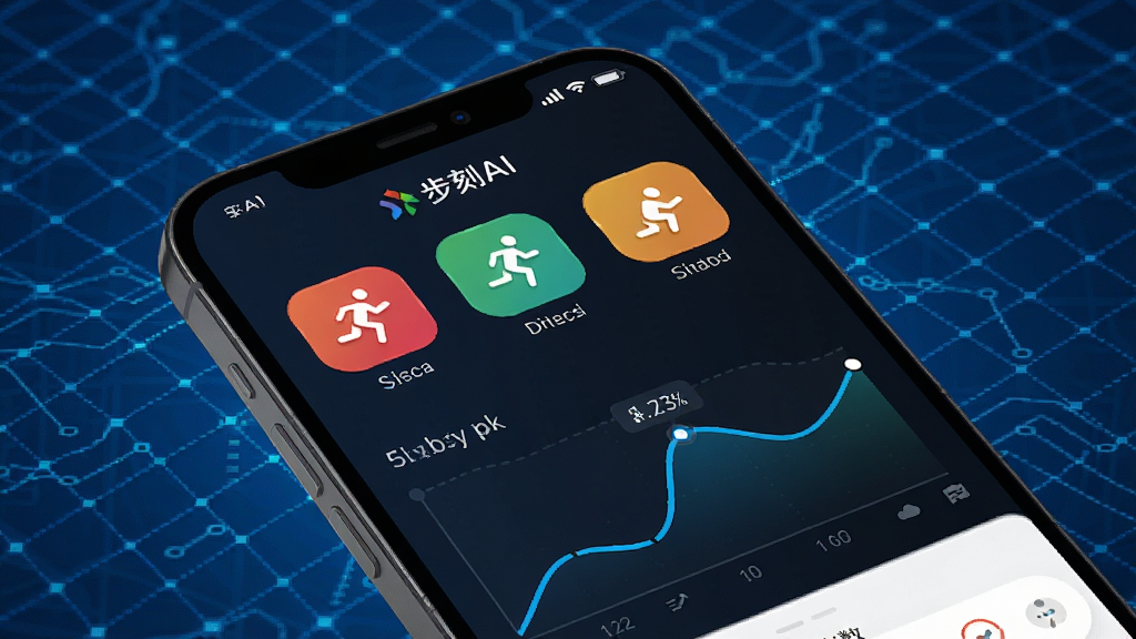 步刻AI AI智能步数识别功能展示,手机界面显示不同运动模式图标与实时步数曲线,背景为科技感蓝色网格,细节清晰,风格现代,画质干净,无多余元素