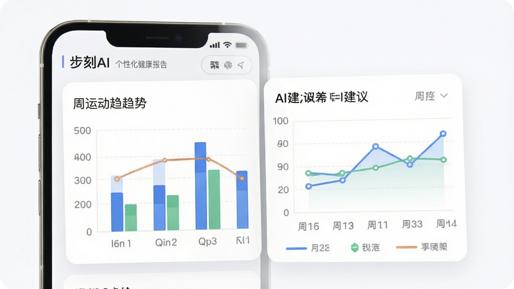 步刻AI 个性化健康报告界面,手机屏幕显示柱状图与折线图,标注周运动趋势与AI建议文字,背景为白色卡片式设计,风格清爽,细节清晰,画质干净,无多余元素
