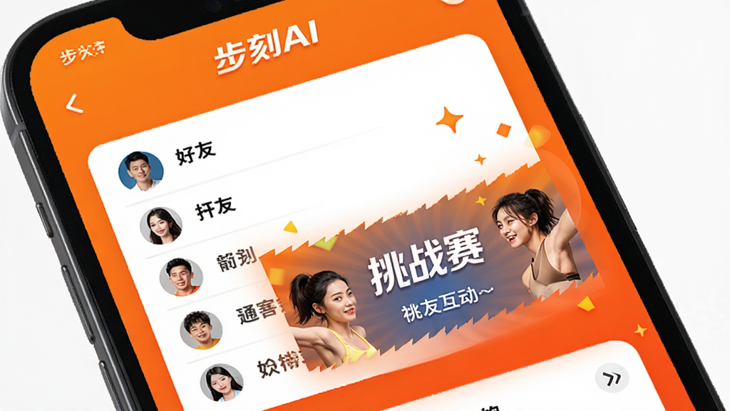 步刻AI 社交互动与挑战界面,手机屏幕显示好友排行榜与挑战赛横幅,背景为活力橙色渐变,风格活泼,细节清晰,画质干净,无多余元素