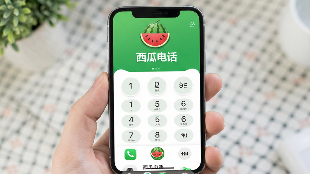 手机屏幕中央展示“西瓜电话”应用界面,顶部为绿色西瓜图标和“西瓜电话”文字,下方是拨号键盘和最近通话列表,整体布局简洁,风格清新明快,细节上按钮圆润、配色以绿色和白色为主,画质清晰,干净,无多余元素