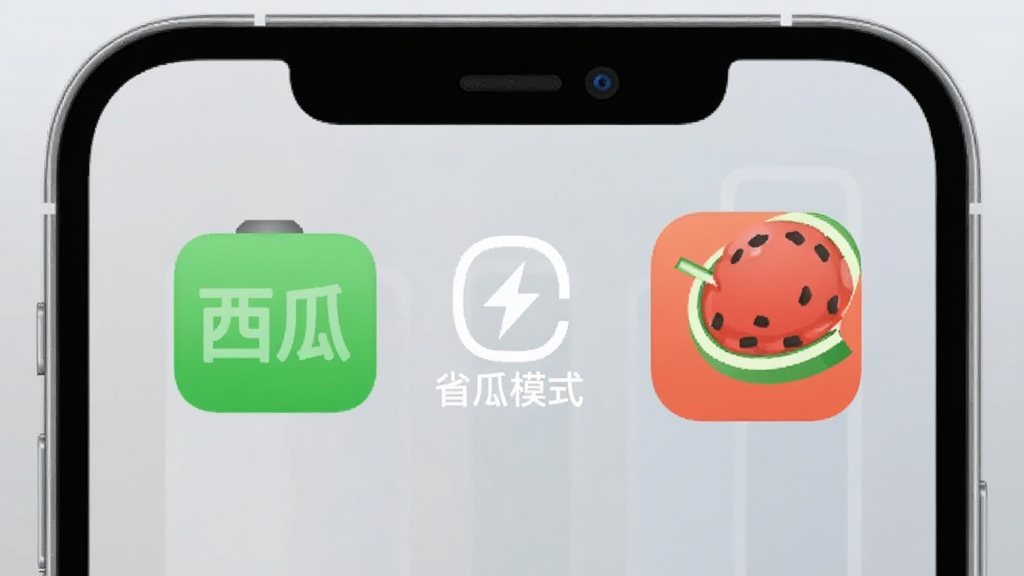 手机电池图标旁边显示“西瓜电话”应用图标,背景是浅灰色渐变,画面中央有省电模式标识,布局简洁,风格扁平化,细节上图标边缘清晰,画质干净,无多余元素