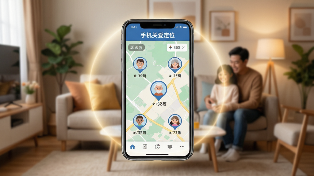 手机关爱定位软件核心全貌展示图,画面中央是一部智能手机,手机屏幕上显示着手机关爱定位的实时地图界面,地图上有多个家庭成员的头像标记,界面顶部有手机关爱定位的文字标识,背景是温馨的家庭客厅环境,布局采用中心构图,手机位于画面正中央,四周环绕着柔和的光晕效果,风格为现代科技感与温馨家庭氛围相结合,细节包括地图上的定位图标、家人头像、距离数值显示,画质高清,干净简洁,无多余元素