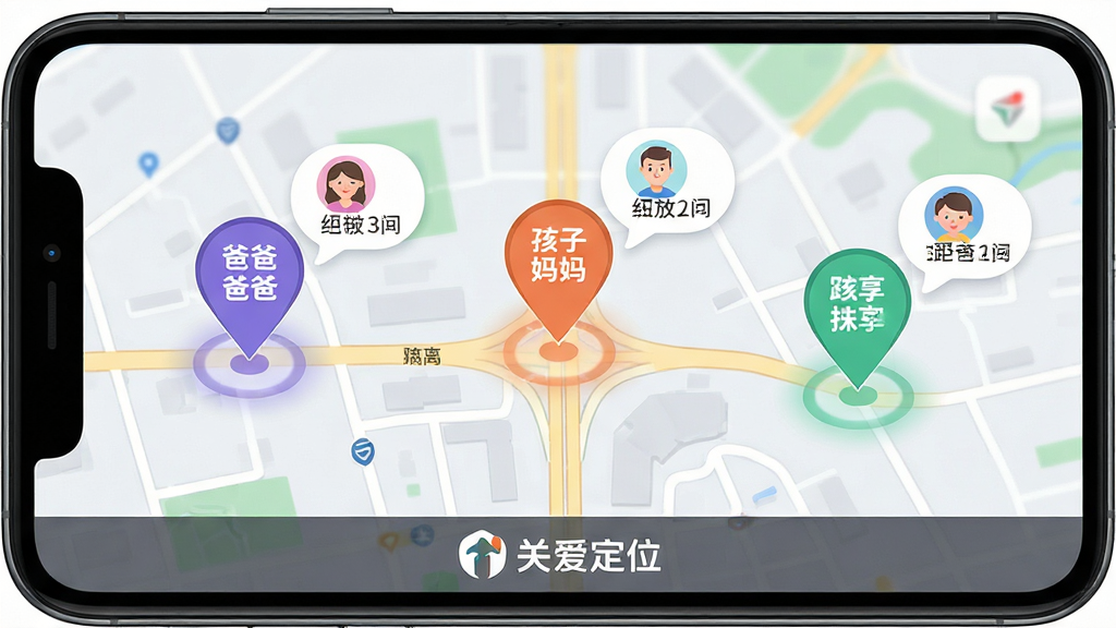 手机关爱定位实时位置共享功能展示图,画面主体为一张虚拟地图界面,地图上分布着三个不同颜色的定位标记,分别标注着爸爸、妈妈、孩子的文字,每个标记旁边显示距离和更新时间,界面底部有手机关爱定位的品牌标识,布局采用横向展开的地图视图,风格为扁平化科技风格,细节包括地图道路线条、定位光圈、头像气泡,画质清晰锐利,干净无杂乱元素