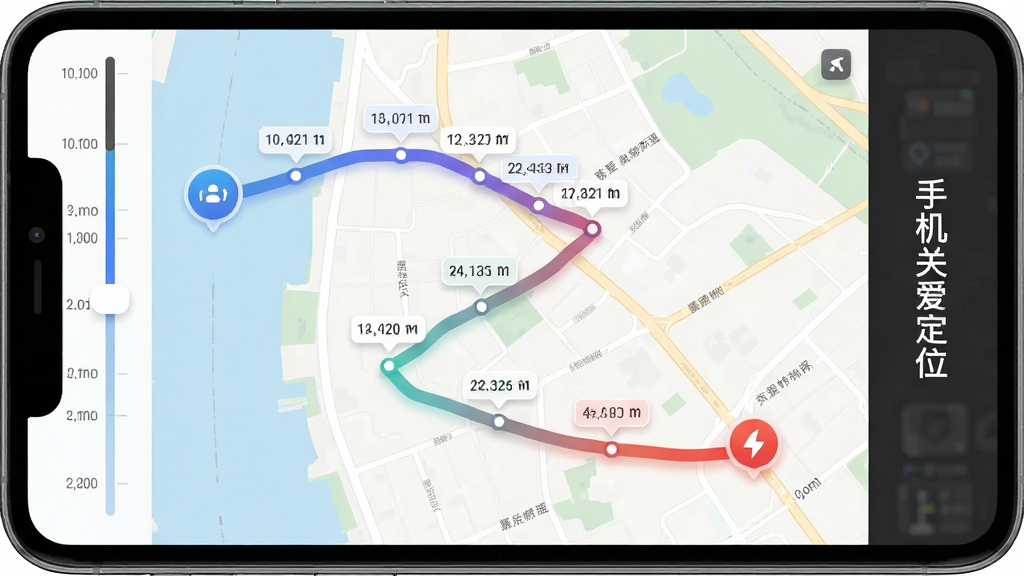 手机关爱定位历史轨迹回放功能界面图,画面展示一条蜿蜒的移动路线图,路线上有多个时间点标记,起点和终点用不同图标区分,界面左侧有时间轴滑块,右侧显示手机关爱定位的软件名称,布局为左右分栏式,风格为简约数据可视化风格,细节包括路线渐变色彩、时间标签、地图背景,画质高清,画面干净整洁