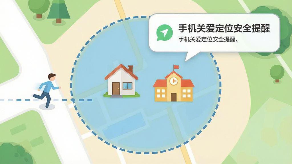 手机关爱定位安全区域提醒功能示意图,画面中心是一个圆形区域边界,边界内有一栋房屋图标和学校图标,边界外有一个正在移动的人物图标,界面弹出提醒通知气泡,通知上写着手机关爱定位安全提醒,布局采用俯视地图视角,风格为清新扁平化设计,细节包括区域填充色、边界虚线、通知弹窗,画质清晰,无多余装饰