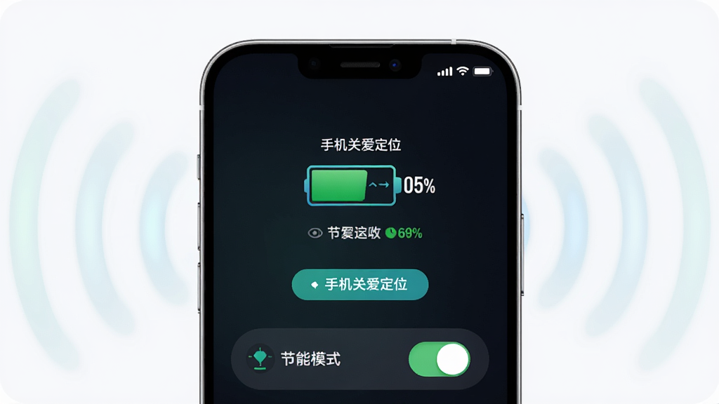 手机关爱定位低功耗后台运行示意图,画面展示一部手机屏幕显示电池电量图标和手机关爱定位的运行状态标签,背景有微弱的信号波纹扩散效果,布局为手机居中特写,风格为科技感十足的光影效果,细节包括电量百分比、后台运行标识、节能模式开关,画质高清,画面简洁干净
