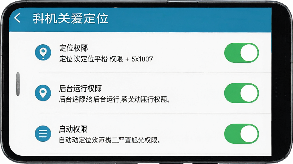 手机关爱定位新手设置权限操作界面图,画面展示一部安卓手机屏幕,屏幕上显示手机关爱定位的权限设置页面,包括定位权限、后台运行权限、自启动权限三个开关按钮,开关处于开启状态,界面顶部有手机关爱定位的软件名称,布局为纵向列表式,风格为简洁明了的设置界面风格,细节包括权限图标、开关状态、说明文字,画质高清,干净无杂乱元素
