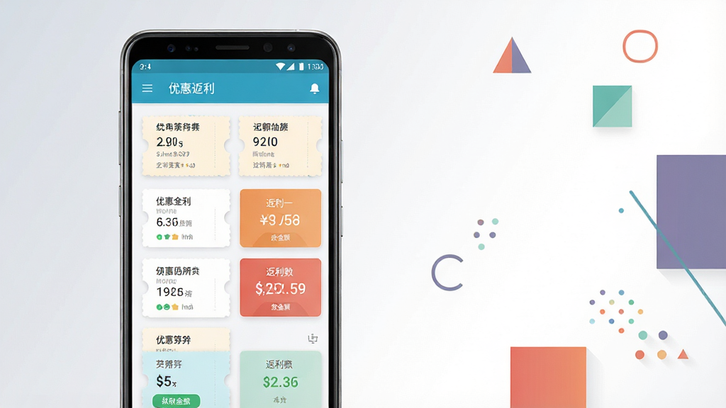 一张手机屏幕展示购物返利APP界面的产品预览图,主体为一部竖屏安卓手机居中放置,屏幕内显示优惠券列表和返利金额卡片,布局上手机占据画面中央偏左位置,右侧留白区域用简洁的几何色块点缀,排版采用干净的产品展示风格,风格为现代扁平化UI设计,细节包括手机边框高光、屏幕内文字清晰可辨、背景为浅灰到白色的柔和渐变,画质为高清2K、画面干净、无多余元素