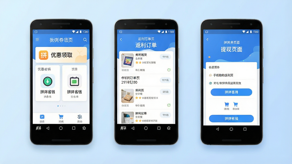一张展示手机购物返利APP功能模块的示意图,主体为三台并排的安卓手机,分别展示优惠券领取页、返利订单页和提现页面,布局为横向排列居中,排版采用等距对齐的产品展示方式,风格为清爽的科技感UI风格,细节包括每台手机屏幕内容各不相同、底部有