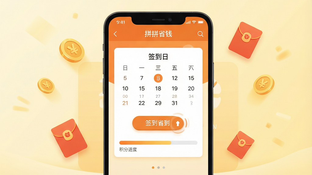 一张展示购物省钱APP签到奖励页面的手机界面图,主体为一部安卓手机正面展示,屏幕内显示签到日历和积分进度条,布局为手机居中、四周有悬浮的金币和红包图标点缀,排版采用活泼的卡片式布局,风格为温暖橙色调的扁平化设计,细节包括
