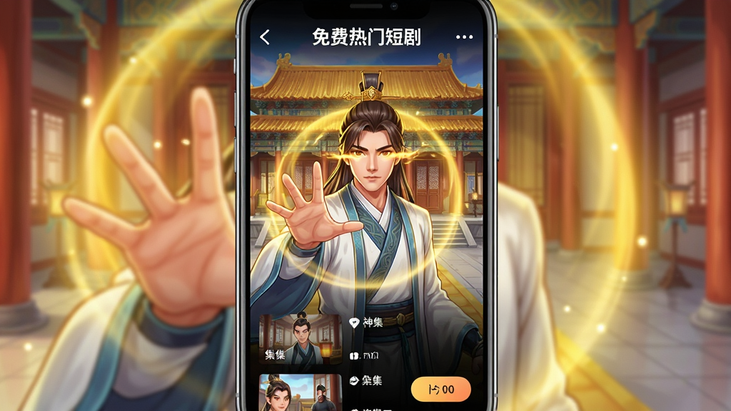 一张手机屏幕展示竖屏短剧播放界面的图片,画面中央是穿着古装的男主角施展神瞳特效,周围环绕金色光芒,背景是古代宫殿场景,屏幕上方显示“免费热门短剧”文字,下方有剧集列表和播放按钮,整体采用明亮鲜艳的插画风格,细节丰富,画质清晰,干净无多余元素