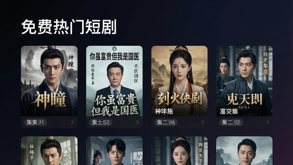 一张展示手机应用界面的图片,界面顶部有“免费热门短剧”的标题,下方以网格形式排列多部短剧海报,如《神瞳》《你虽富贵但我是国医》等,每张海报下方有剧名和集数标签,背景为深色渐变,风格现代简洁,画质高清,干净无多余元素