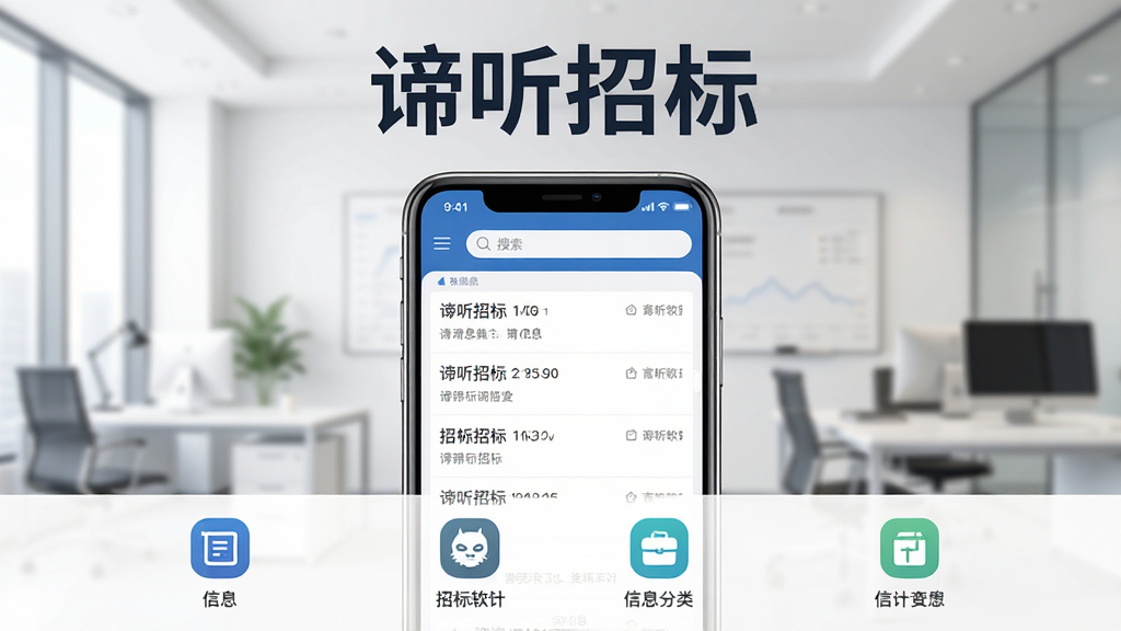 谛听招标软件主界面展示,画面中央是一部智能手机,屏幕显示招标信息列表,背景是简洁的商务办公环境,布局采用上下结构,上方放置软件名称“谛听招标”的标题,下方展示信息分类图标,风格为现代扁平化科技风,细节包括清晰的文字列表和搜索框,画质高清,干净无多余元素