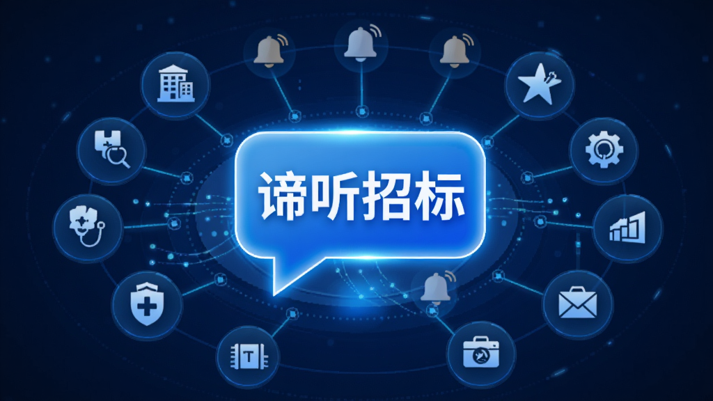 谛听招标智能推送功能示意图,画面中心是一个发光的消息气泡,气泡内写着“谛听招标”四个字,周围环绕着各类行业图标如建筑、医疗、IT等,布局采用放射状排列,风格为科技蓝调,细节包括数据流线条和通知铃铛图标,画质清晰,干净利落