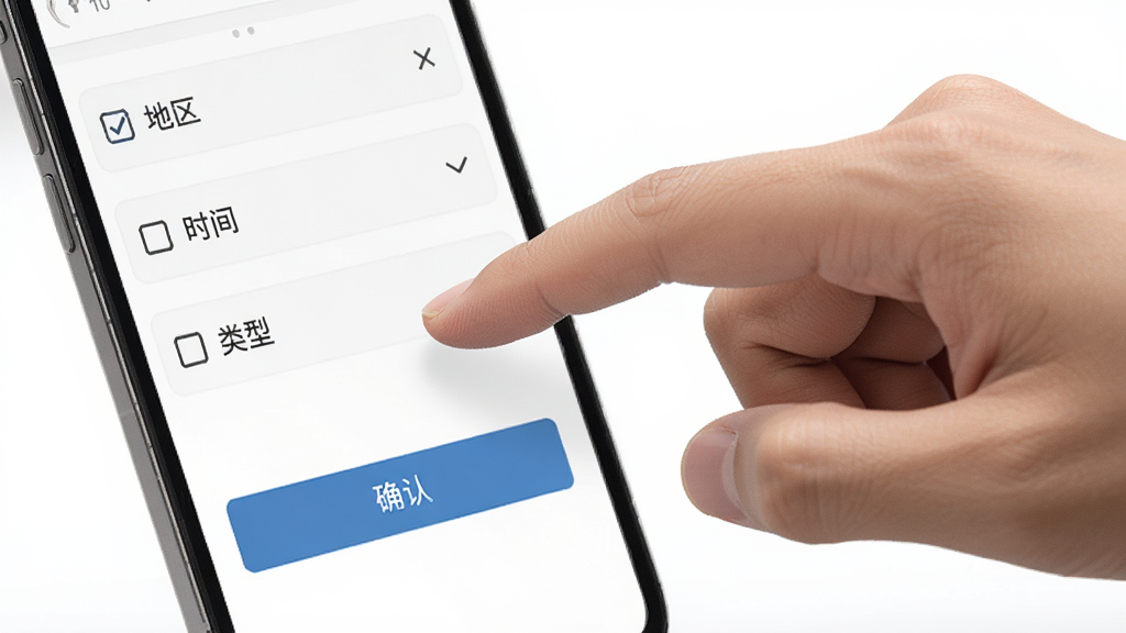谛听招标筛选界面展示,画面是一只手正在点击手机屏幕上的筛选按钮,屏幕显示地区、时间、类型等选项,布局清晰,风格为简约商务风,细节包括复选框和确认按钮,画质高清,干净无多余元素