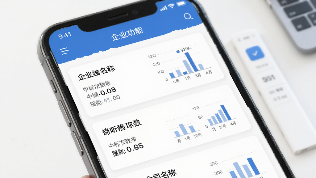 谛听招标企业查询功能界面,画面展示手机屏幕上的企业信息卡片,包含公司名称、中标次数等数据,布局为列表式,风格为简洁数据风,细节包括图表和文字标签,画质清晰,干净整洁
