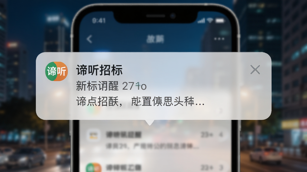 谛听招标消息通知设置界面,画面显示手机通知栏弹出“谛听招标”的新标讯提醒,背景是模糊的城市夜景,布局突出通知卡片,风格为现代移动端UI风格,细节包括图标和文字摘要,画质清晰,无杂乱元素