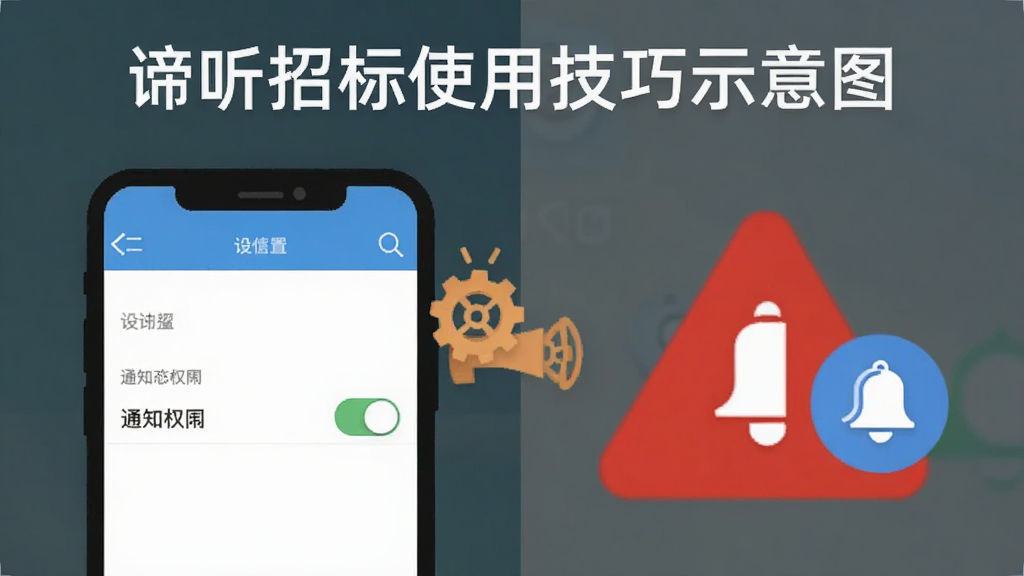 谛听招标使用技巧示意图,画面展示一部手机屏幕,屏幕上显示设置菜单中的通知权限开关,旁边有一个红色的警示标志和蓝色的提示标志,布局为左右对比,风格为扁平化图标风格,细节包括齿轮图标和铃铛图标,画质清晰,干净整洁