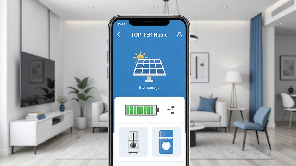 一张展示 TOP-TEK Home 应用主界面的概念图,画面中央是一部智能手机,屏幕上显示着智能家居设备控制面板,包含光伏板图标、电池储能状态和家电开关按钮,背景是现代简约风格的客厅环境,整体色调以蓝白为主,风格干净清爽,细节清晰,画质高清,无多余元素