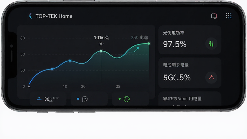 TOP-TEK Home 应用中的能源监控界面示意图,手机屏幕显示曲线图和数据卡片,包含光伏发电功率、电池剩余电量百分比和家庭实时用电量,界面采用深色模式,图表线条流畅,数据标注清晰,风格科技感强,画质高清,干净无杂乱元素