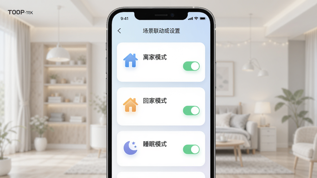 TOP-TEK Home 场景联动设置界面展示图,手机屏幕呈现多个场景卡片,如“离家模式”“回家模式”“睡眠模式”,每个卡片配有图标和开关状态,背景为浅色渐变,布局整齐,风格现代简约,画质清晰,无多余装饰