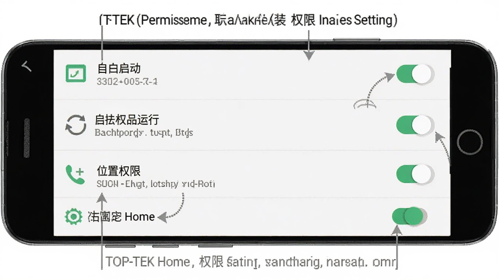 TOP-TEK Home 安卓手机安装权限设置界面示意图,手机屏幕显示应用权限管理页面,包含自启动、后台运行、位置权限等开关选项,界面风格为原生安卓设置页,标注清晰,画质高清,干净整洁