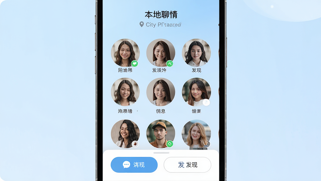 一张手机屏幕展示本地聊情应用主界面,界面中央是附近用户头像网格,顶部显示定位城市名称,底部有消息和发现按钮,背景是柔和的浅蓝色渐变,整体风格简洁现代,画面干净,高清画质,无多余元素