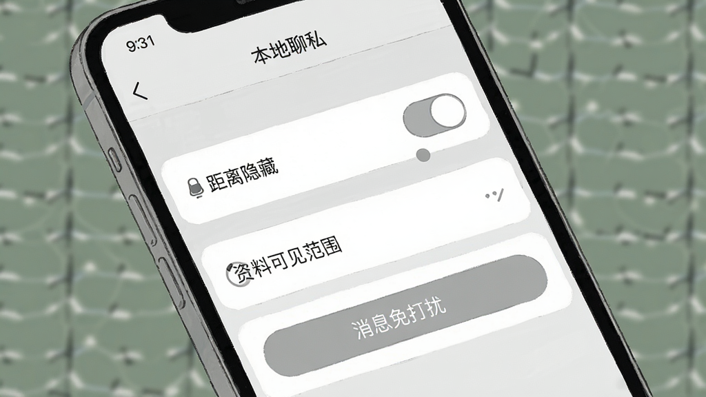 一张手机界面截图风格插画,展示本地聊情的隐私设置页面,页面中有距离隐藏开关、资料可见范围选项和消息免打扰按钮,配色为浅灰与白色,布局整齐,风格素雅,高清画质,无杂乱元素