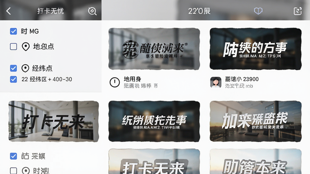 画面展示打卡无忧相机的软件界面,屏幕上排列着多种水印模板选项,包括时间、地点、经纬度等勾选框,布局清晰有序,风格简约商务,细节处体现水印文字在照片上叠加的效果,画质高清干净,无多余元素
