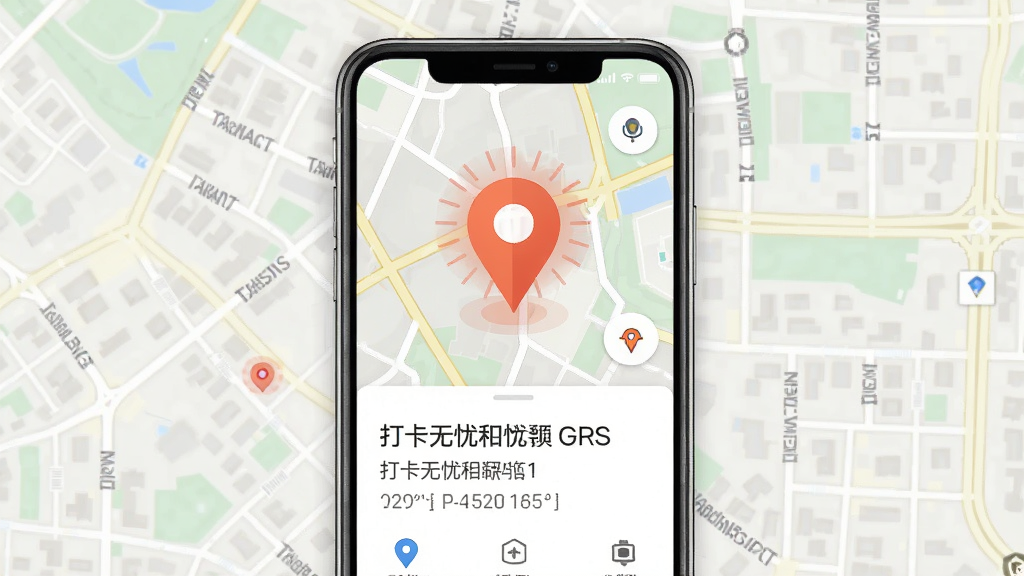 画面以地图定位图标与手机屏幕结合为主体,展示打卡无忧相机正在获取GPS定位信息,屏幕上显示详细的地址文字和经纬度数字,布局为手机居中,背景为城市街道地图,风格科技实用,细节包括定位图标闪烁效果,画质高清干净,无多余元素