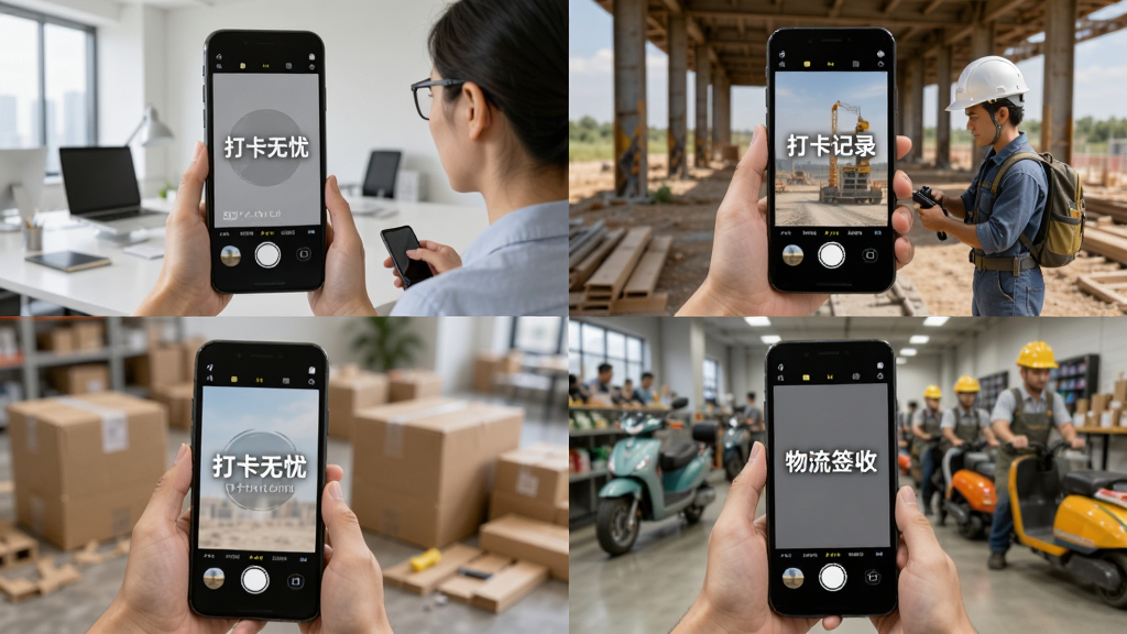 画面以四宫格形式展示打卡无忧相机在不同场景下的使用画面,包括办公室打卡、工地记录、物流签收、巡店走访,布局为四格均匀排列,风格写实明亮,细节包括每格中手机屏幕显示不同水印内容,画质高清干净,无多余元素