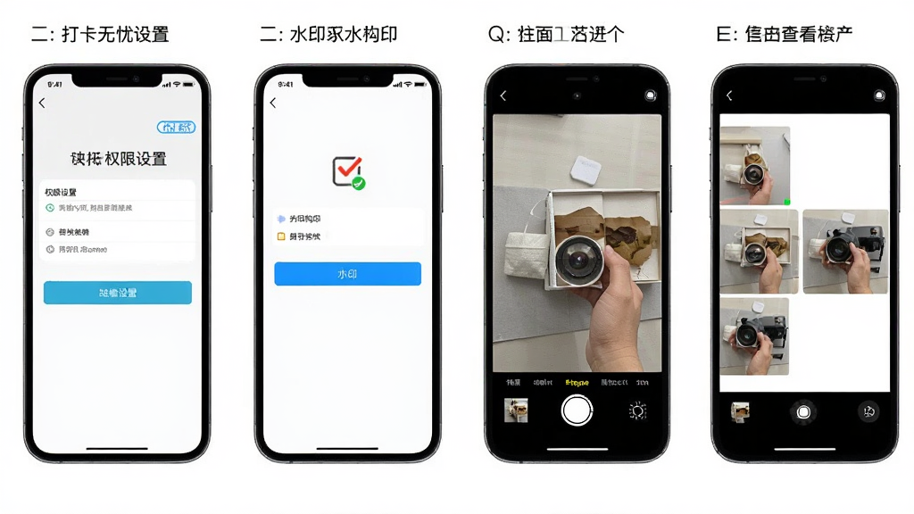 画面展示打卡无忧相机在手机上的操作流程截图,包括权限设置界面、水印勾选界面、拍摄界面和相册查看界面,布局为四步流程横向排列,风格清晰教程风,细节包括每步界面中的关键按钮高亮显示,画质高清干净,无多余元素