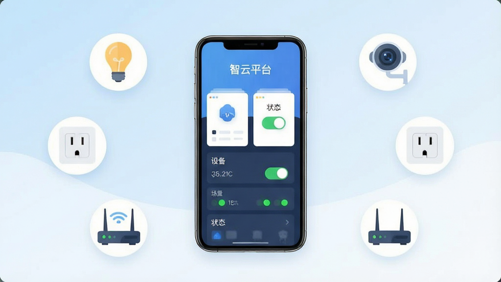 画面中央放置一部智能手机,手机屏幕显示“智云平台”主界面,界面包含设备卡片、场景开关与状态指示灯,手机周围环绕简约的智能家居图标如灯泡、摄像头、插座与路由器,整体采用浅蓝与白色渐变背景,扁平化科技风格,布局居中对称,画质清晰,干净无多余元素,文字“智云平台”清晰可辨。