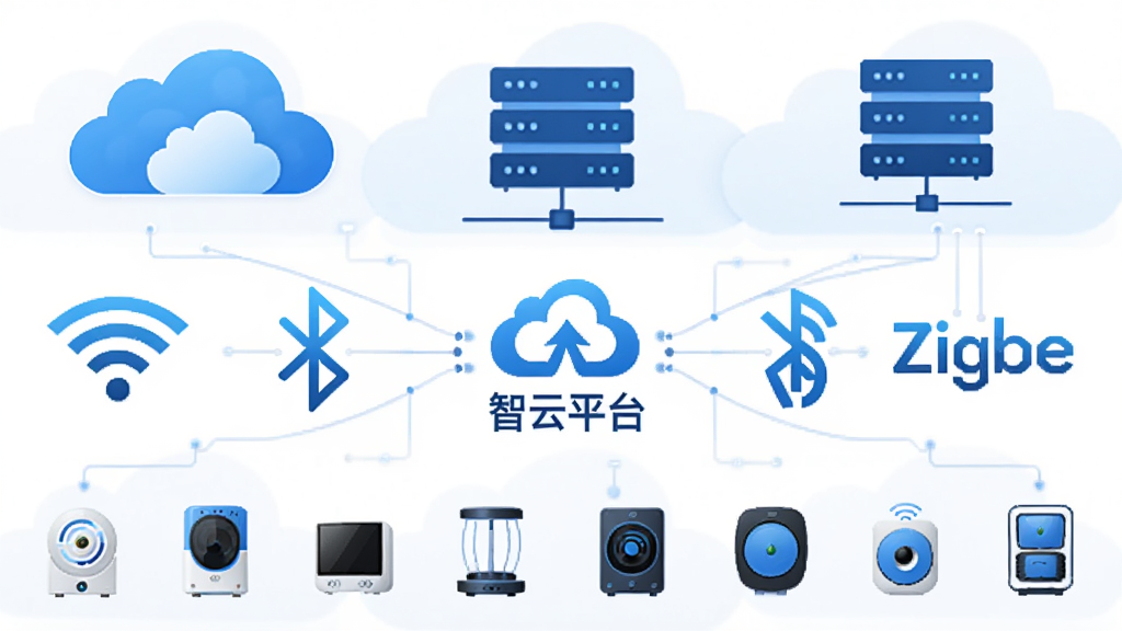 画面采用分层布局,上层为云朵与服务器图标,中层为多种协议符号(Wi-Fi、蓝牙、Zigbee)通过线条连接至中央的“智云平台”Logo,下层为各类智能设备图标整齐排列,整体风格简洁科技感,蓝白配色,细节清晰,画质干净,无多余装饰元素。